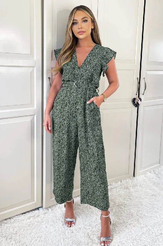 Limited Time Offer Aisling Green and Black Print Belted Jumpsuit