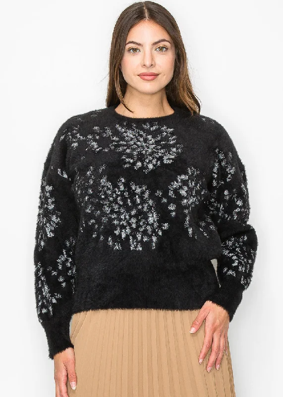 Boutique Styles Black Fuzzy Sweater with Silver Accents