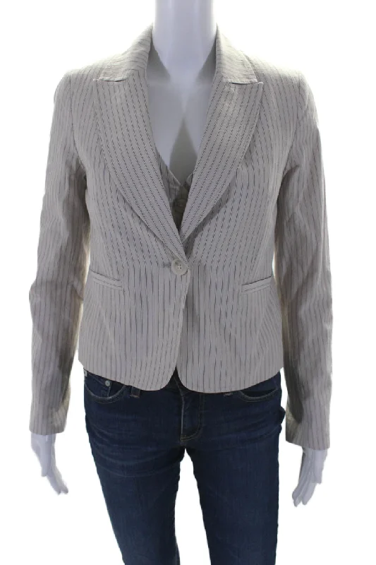 Urban Femme Streetwear Drew Womens Cotton Striped V-Neck Button Up Vest + Blazer Set Beige