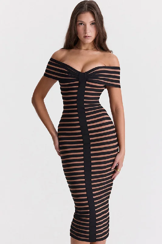 Vibrant Femme Fashion Sexy Off Shoulder Contrast Striped Bandage Cocktail Party Midi Dress - Black