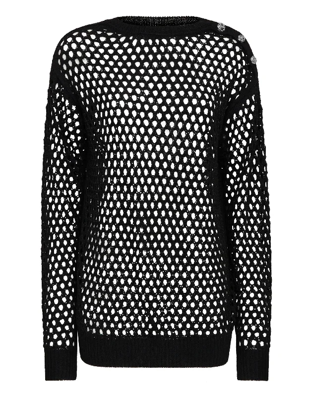 Exclusive Designer Collection Cashmere 5 Pullover Round Neck LS Fishnet Crystal