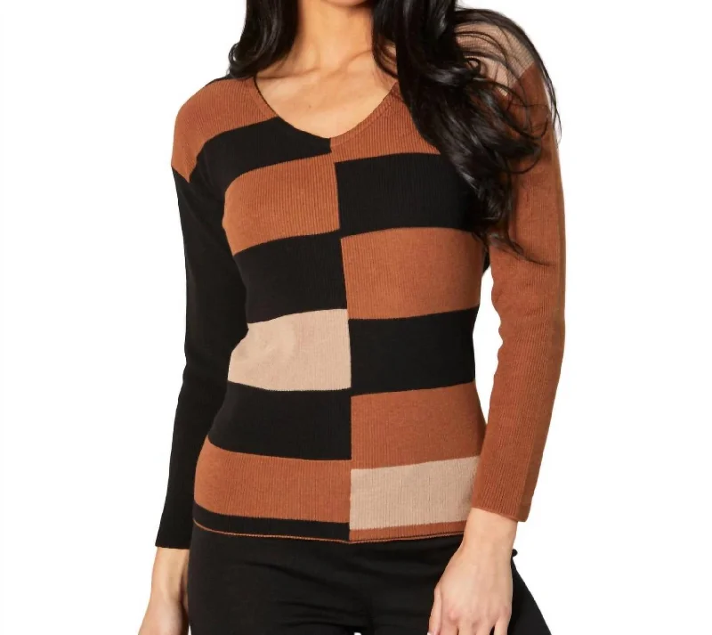 Dreamy Draping Ribbed V-Neck Sweater In Black/mocha