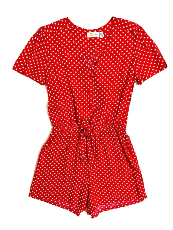 Fashion Essentials Women's Polka Dots Rayon Front Tie Rd Style Elastic Waist Romper In Red