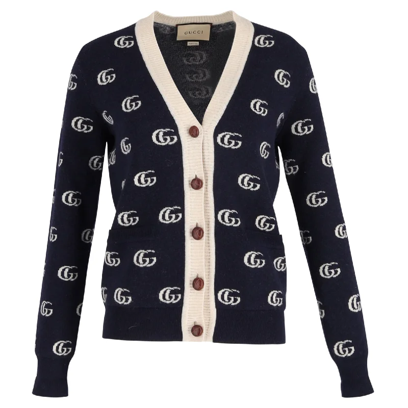 Limited Time Deal Gucci Double G Cardigan In Blue Jacquard Wool