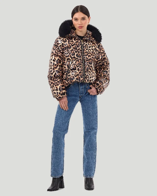 Latest Fashion Printed Apres-Ski Jacket with Detachable Toscana Shearling Lamb Hood Trim