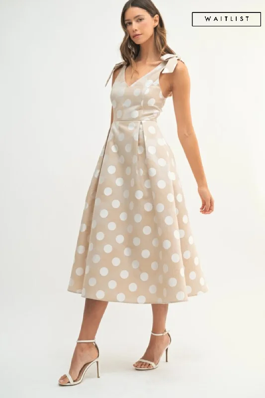 Save On Classic Elegant Styles Waitlist 5/7 ♥ Melody Sleeveless Bowtie Polka Dot Print Midi Dress Taupe