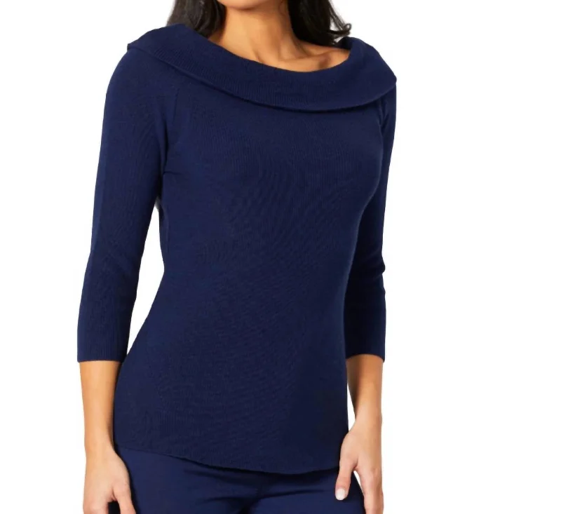 Effortless Sophistication Off The Shoulder Ribbed Detail Top In Navy