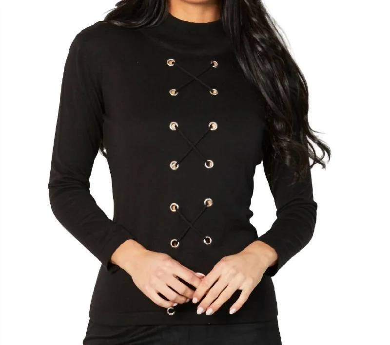 Art Deco Geometric Pattern Look Lace Up Mock Neck Top In Black