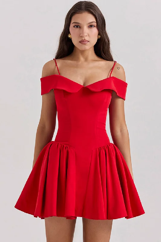 Trendy Fashion For Women Elegant Spaghetti Strap Off Shoulder Drop Waist Fit & Flare Party Mini Dress - Red