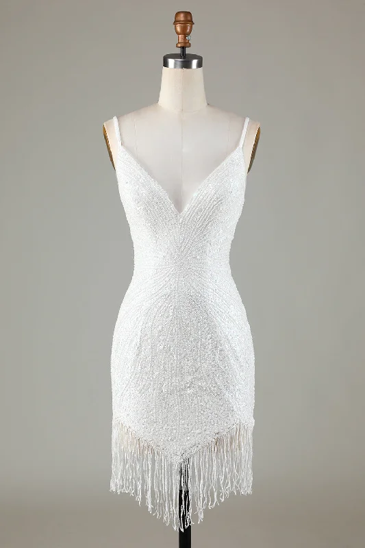 Effortless Sophistication Sparkly White Bodycon Lace-Up Back Beaded Short Homecoming Dress with Tassel