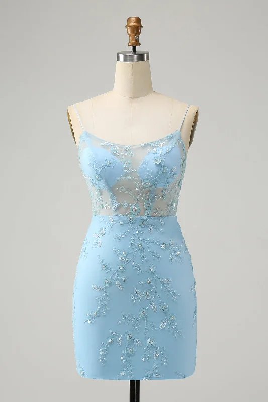 Minimalist Office - Ready Style Stylish Blue Bodycon Spaghetti Straps Lace Up Back Short Homecoming Dress with Sequins