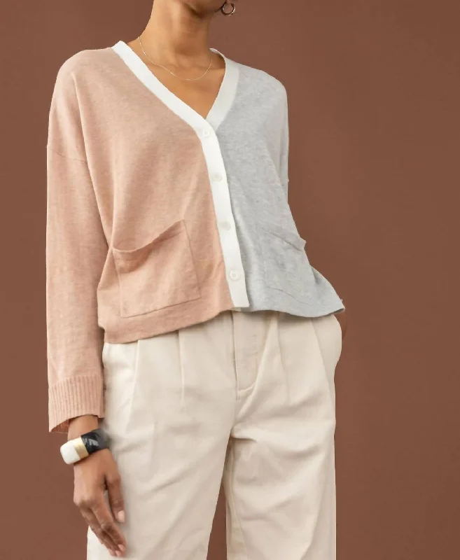 End of Season Sale Color Blocked Pocket Cardigan Sweater In Heather Grey/truffle