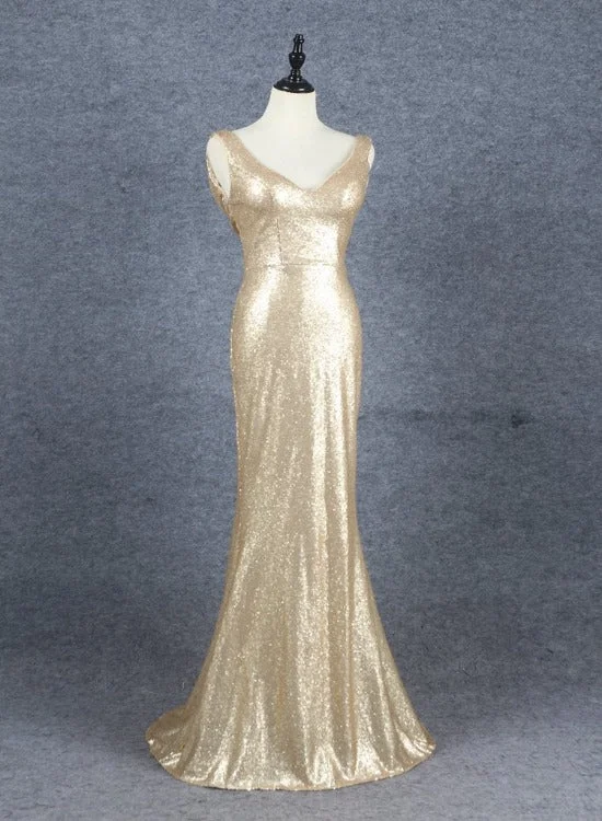 Limited Time Deal Champagne Sequins Low Back Long Bridesmaid Dresses, Mermaid Prom Dress Party Dress