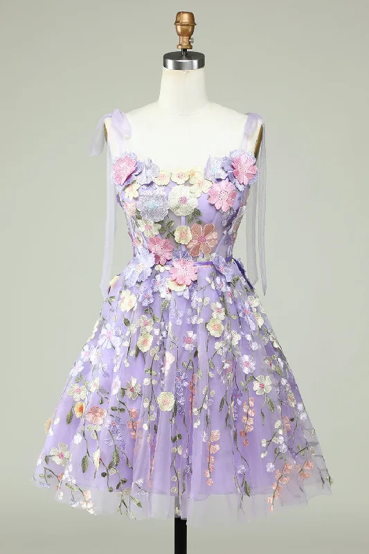 Effortless Comfort Purple A Line Spaghetti Straps Corset Homecoming Dress with 3D Flowers