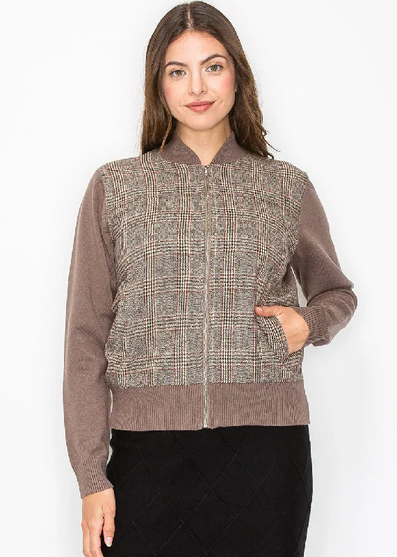 Latest Fashion Taupe Plaid Panel Zip-Up Cardigan