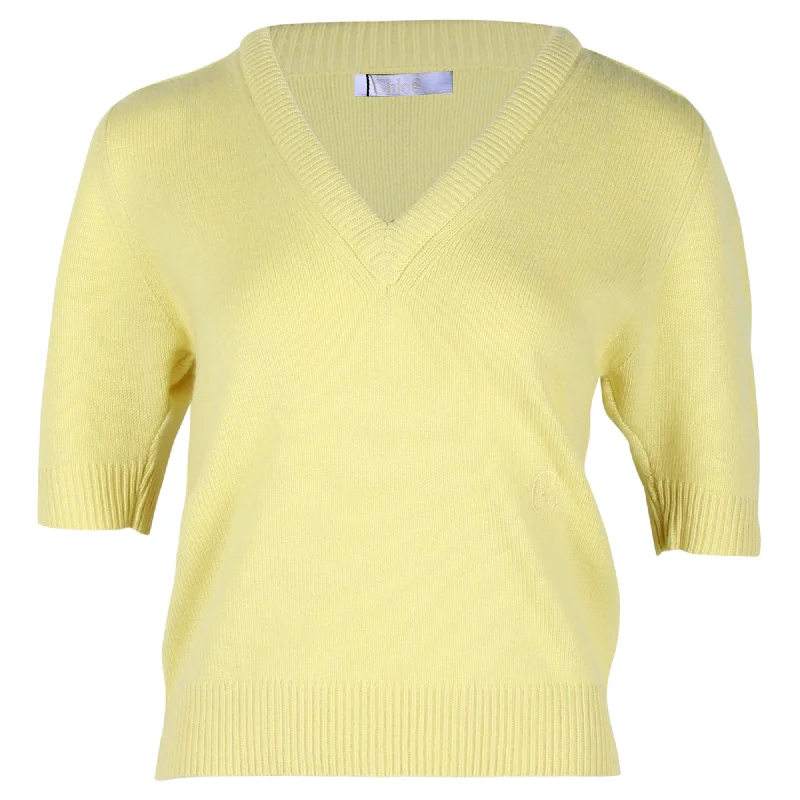 Elegant Style Chloe Knitted V-Neck Top in Pastel Yellow Cashmere