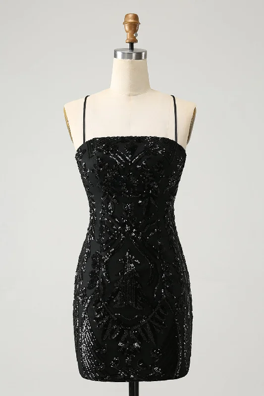 Elegant Style Black Bodycon Spaghetti Straps Lace Up Back Short Homecoming Dress with Sequins