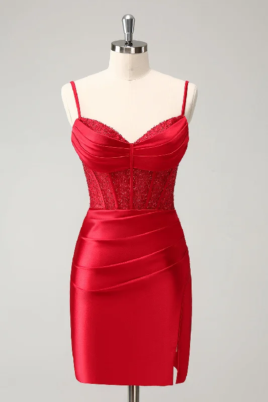 Imeless Style Classy Red Bodycon Corset Short Homecoming Dress with Lace Up Back