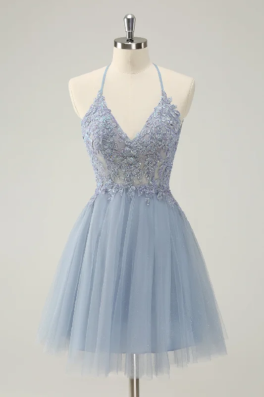 Sophisticated Style Cute Dusty Blue A Line Spaghetti Straps Beaded Short Homecoming Dress with Appliques