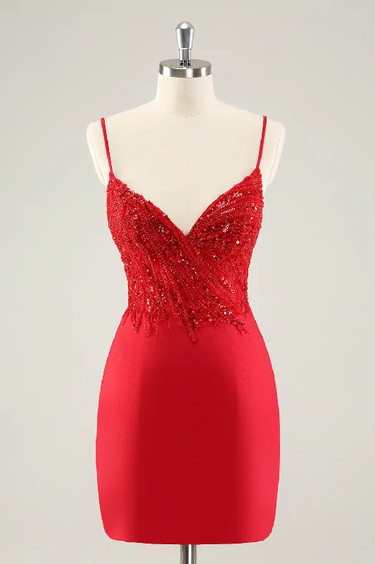 Limited Time Offer Gorgeous Red Bodycon Spaghetti Straps Short Homecoming Dress with Sequins