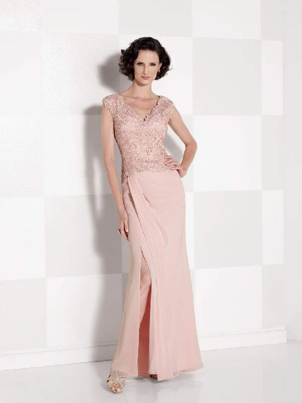 Style Revolution Cameron Blake - Lace V-Neck Bodice High Slit Gown 114666