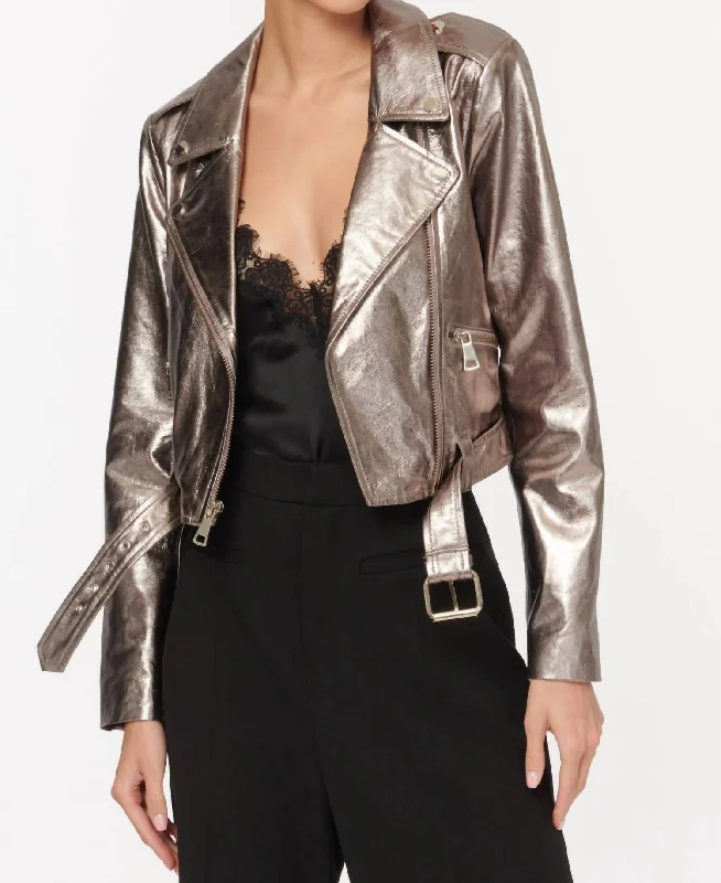 Casual Fashion Women's Kali Genuine Leather Moto Jacket In Metallic Fog