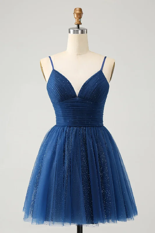 Luxury Fashion Glitter Navy A Line Spaghetti Straps Pleated Tulle Short Homecoming Dress with Sequins