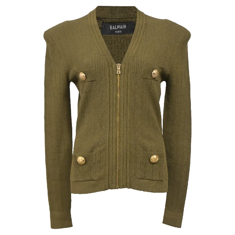 Fashion Forward, Function First Balmain Zip Cardigan in Olive Green Wool