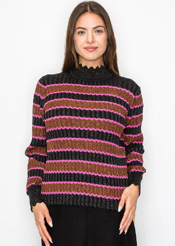 Luxury Fashion Shimmer Stripe Sweater with Scalloped Trim