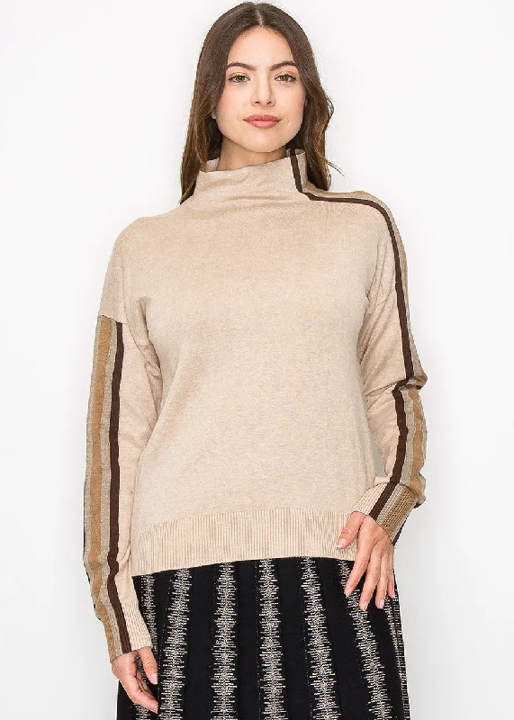 Chic Casual Style Striped Sleeve Mock Neck Pullover