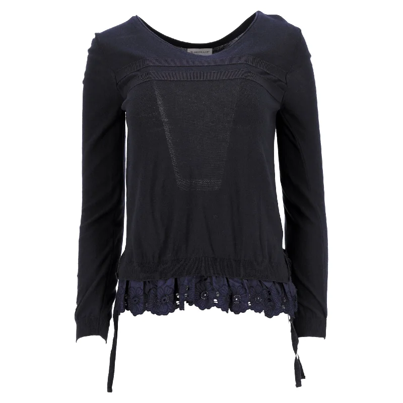 Trend Setting Wardrobe Moncler Floral Lace Trim Round Neck Sweater in Navy Blue Wool