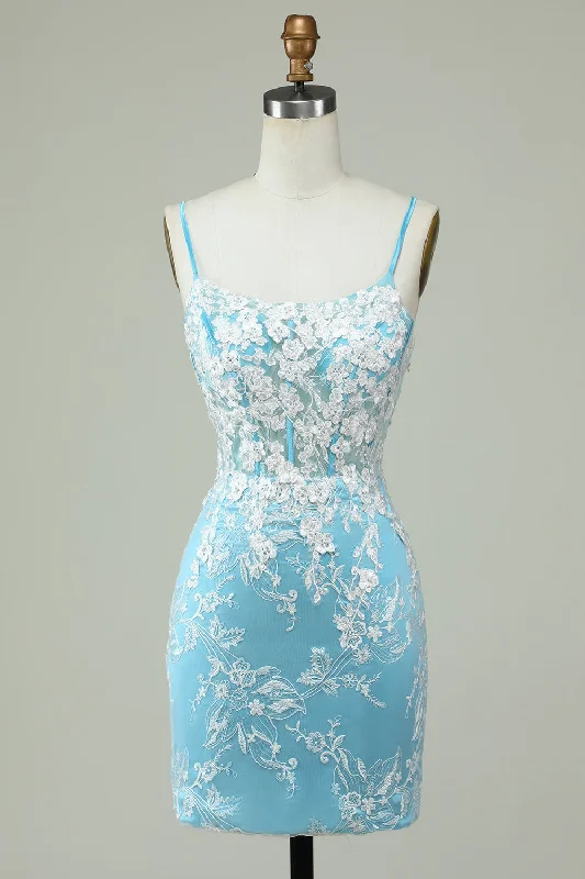 Clearance Sale Light Blue Sheath Spaghetti Straps Short Homecoming Dress with Appliques