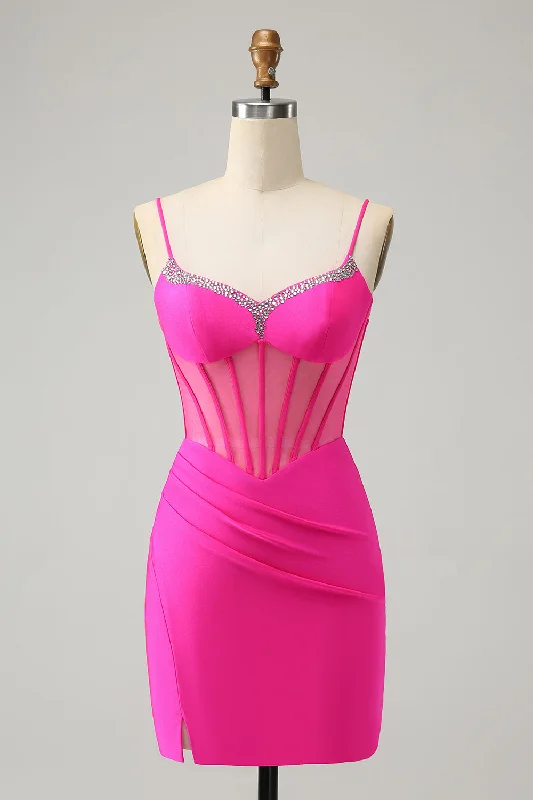 Chic Urban Fashion Look Stylish Fuchsia Bodycon Lace Up Back Beaded Corset Short Homecoming Dress with Slit