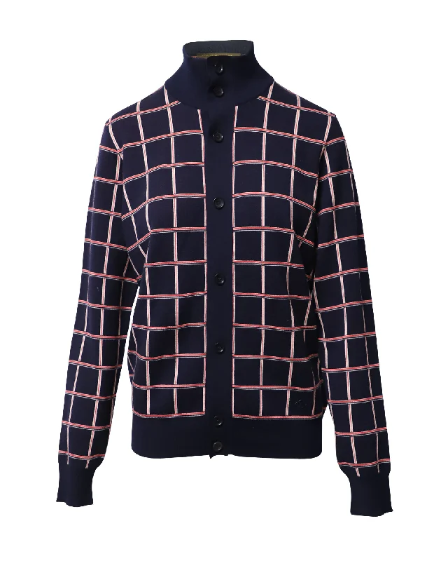 Chic Trend Collection Louis Vuitton Jacquard Windowpane Check Cardigan in Navy Blue Wool