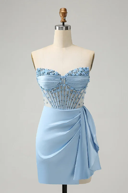 Romantic Date - Night Ensemble Stylish Blue Bodycon Sweetheart Pleated Corset Short Homecoming Dress with Beading