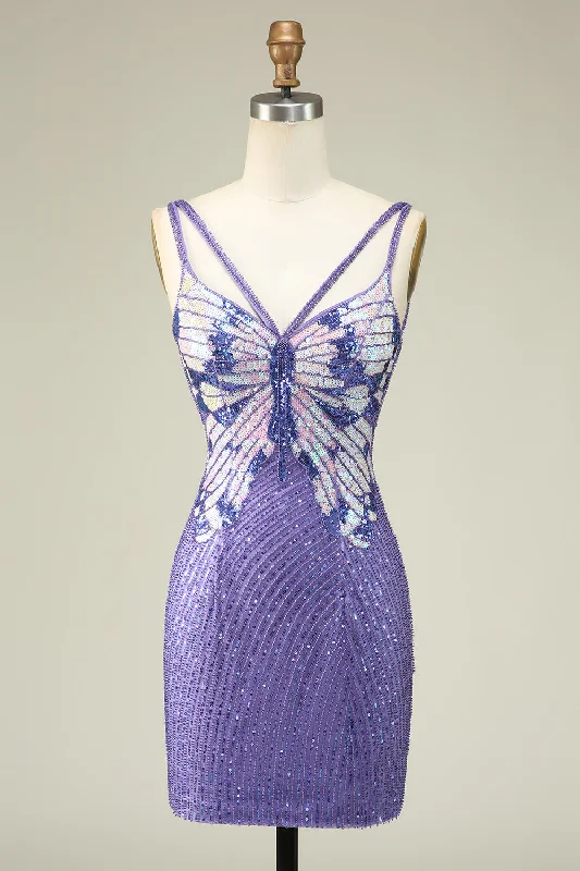 Graceful Movement Sparkly Purple Sheath Sequins Short Homecoming Dress with Lace-Up Back