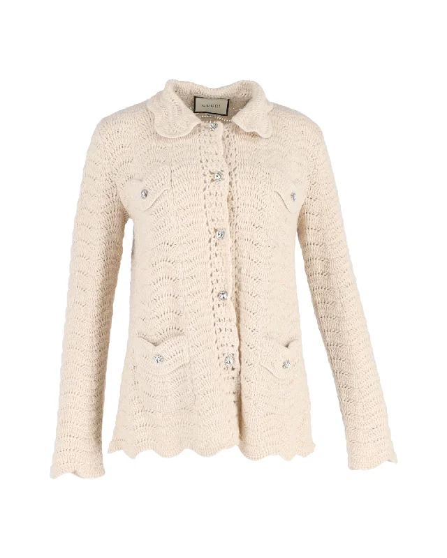 Spring Fling Sale Gucci Crystal-Button Crochet Cardigan In Cream Wool