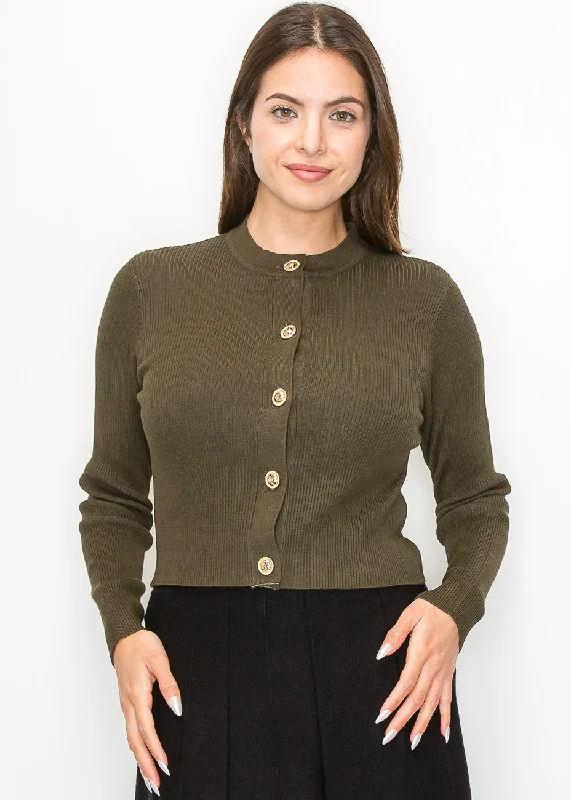 Casual Chic Olive Green Ribbed Knit Cardigan