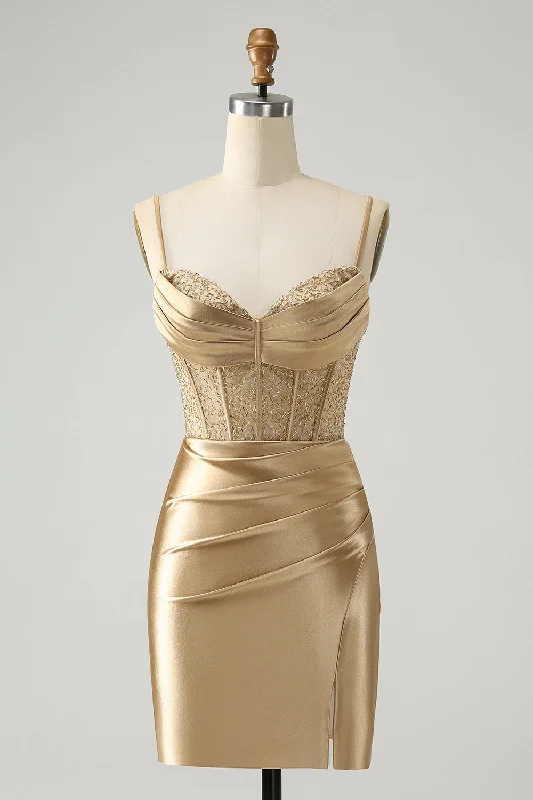 Premium Style Classy Gold Bodycon Corset Short Homecoming Dress with Lace Up Back