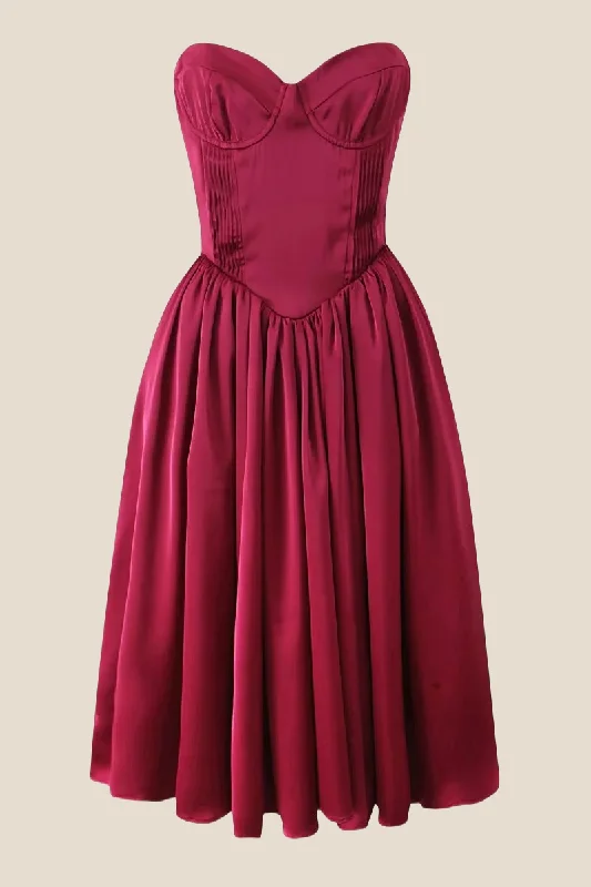 From Casual To Classy Strapless Burgundy Pleated A-line Midi Dress