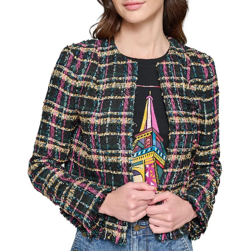 Feminine Grace Womens Plaid Tweed Collarless Blazer