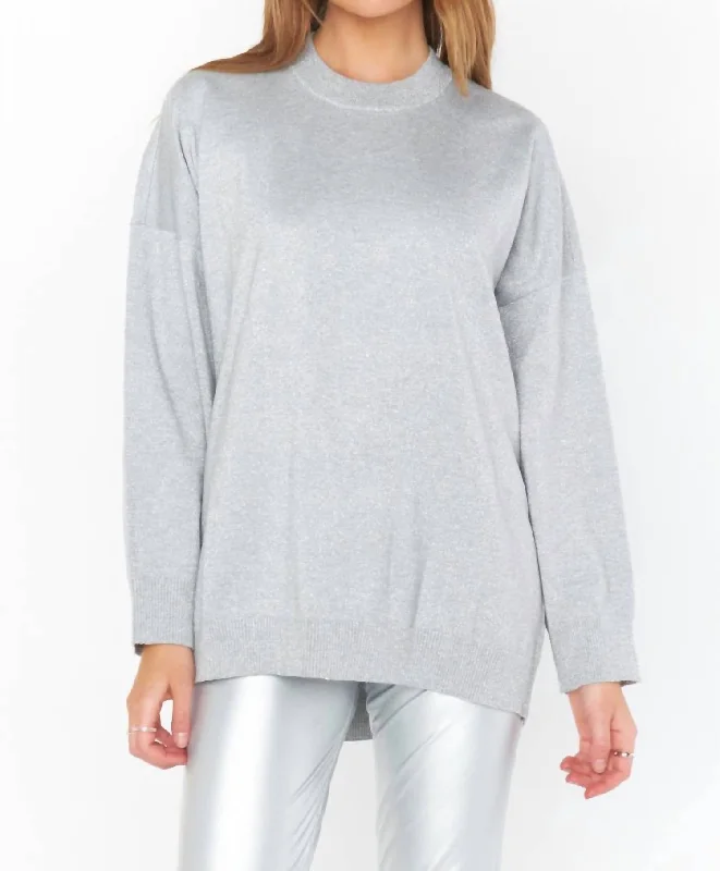 Feminine Flow Classic Crewneck Sweater In Silver Metallic Knit