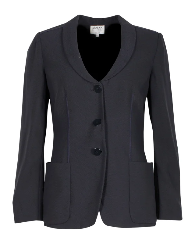 Save On Classic Elegant Styles Armani Collezioni Single-Breasted Blazer in Navy Blue Wool