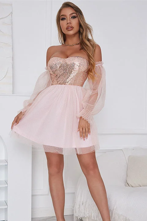 Discover Now Pink Sweetheart Sheer Sleeves A-Line Cocktail Dress