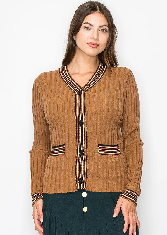 Vibrant Styles Ribbed Camel Cardigan with Striped Details