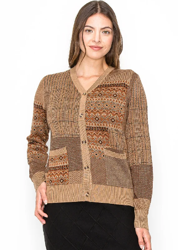 Elevate Your Wardrobe Camel Patchwork Button Cardigan