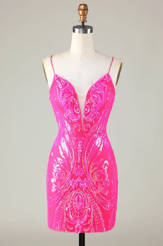 Coastal Beach - Inspired Style Trend Hot Pink Lace Up Tight Glitter Short Homecoming Dress