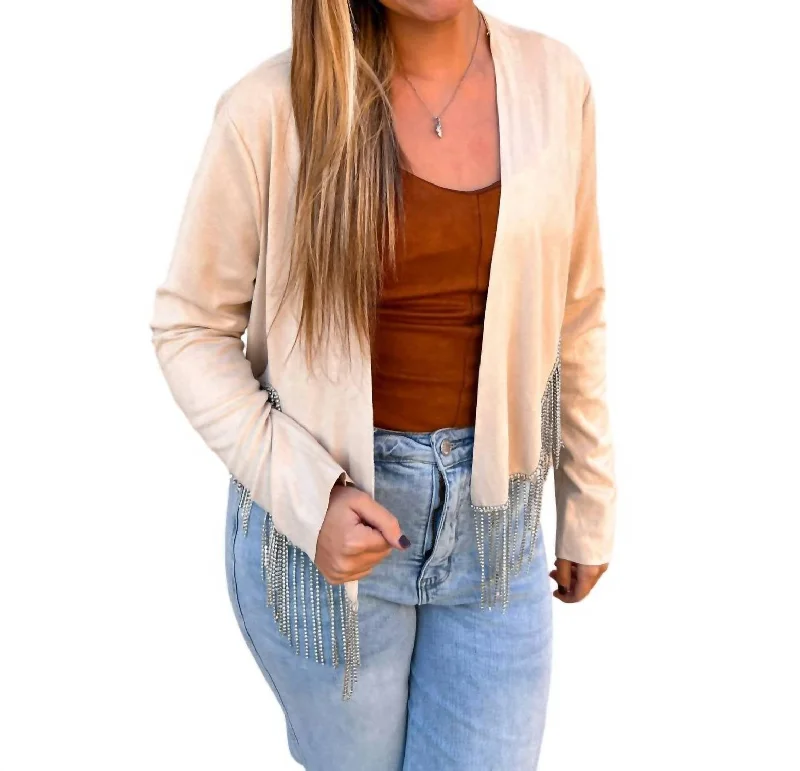 Today Only Sadie Rhinestone Fringe Hem Suede Jacket In Cream