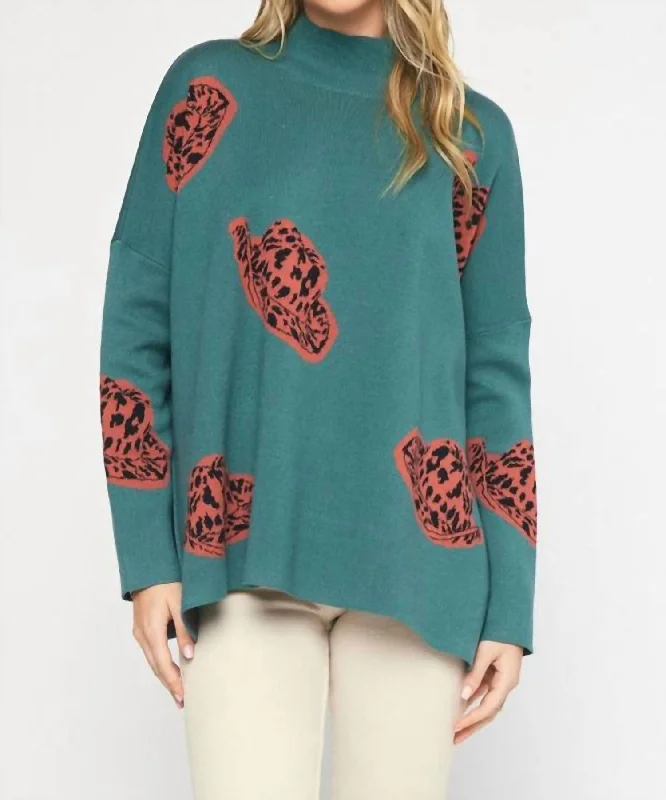 Feminine Soft - Hued Styles Alexandra Cowboy Hat Mock Neck Long Sleeve Sweater Top In Forest