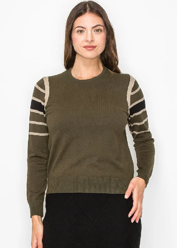 Free Spirited Fashion Olive Striped Sleeve Sweater